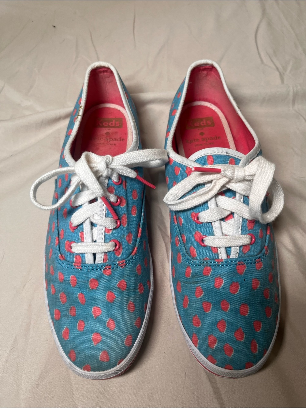 Keds x Kate Spade Blue Canvas Sneakers with Pink Dot Print